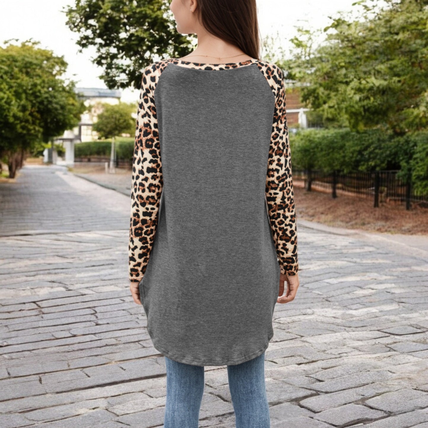 Anna-Kaci Women's Long Sleeve Pullover Shirt with Leopard Print Contrast Panels and Crew Neck