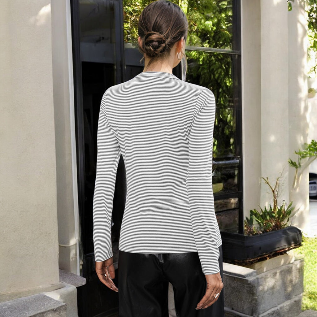 Anna-Kaci Women's Striped Long Sleeve V-Neck Henley Top with Button Detail