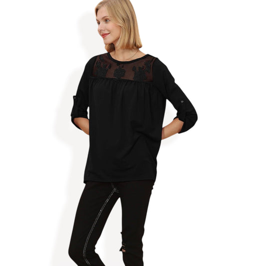 Anna-Kaci Women's 3/4 Sleeve Loose Fit Top with Sheer Floral Lace Yoke and Button Tab Sleeves