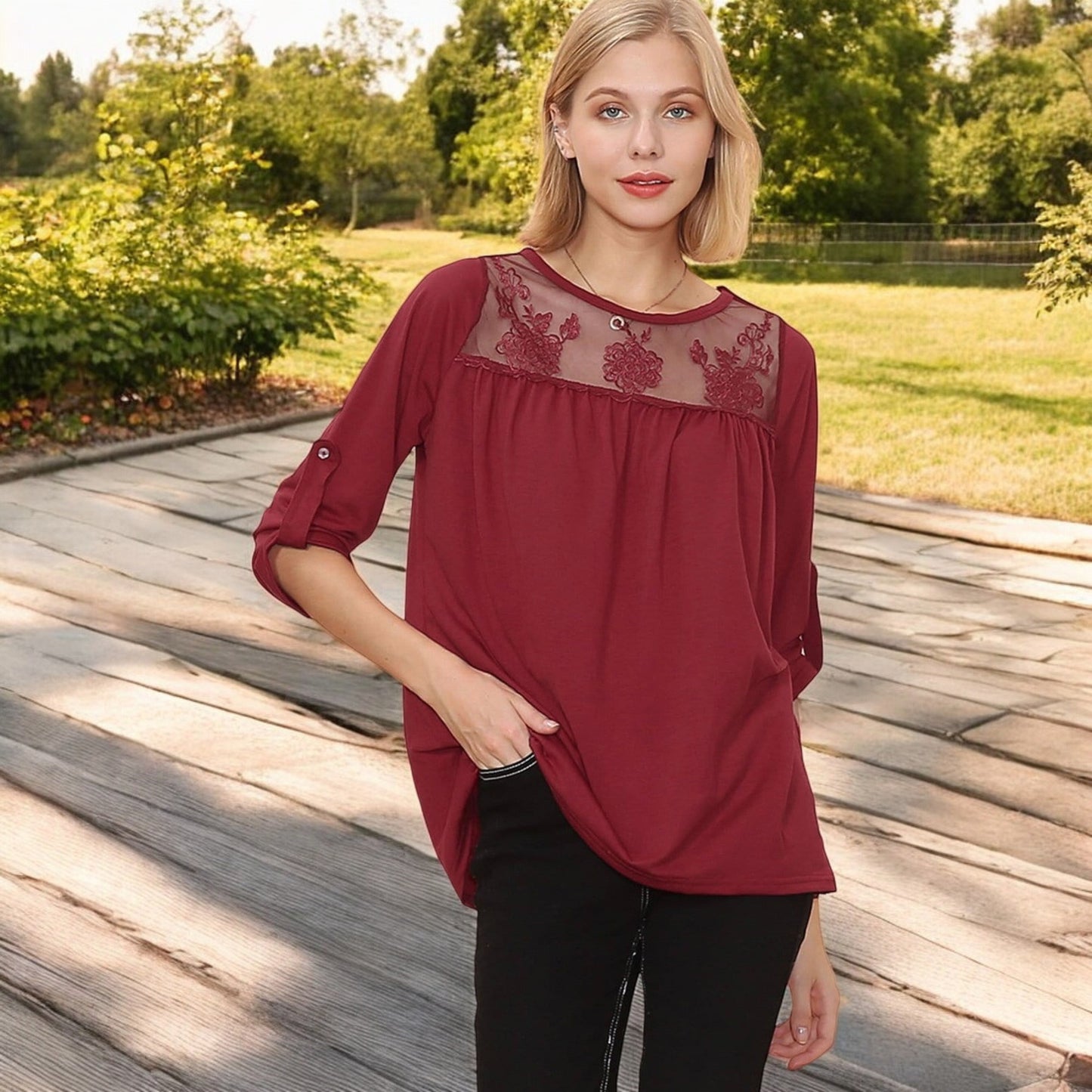 Anna-Kaci Women's 3/4 Sleeve Loose Fit Top with Sheer Floral Lace Yoke and Button Tab Sleeves