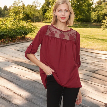 Anna-Kaci Women's 3/4 Sleeve Loose Fit Top with Sheer Floral Lace Yoke and Button Tab Sleeves