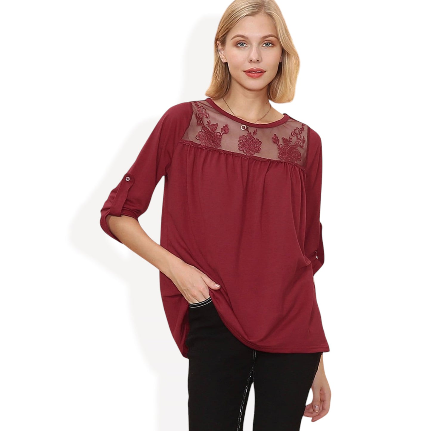 Anna-Kaci Women's 3/4 Sleeve Loose Fit Top with Sheer Floral Lace Yoke and Button Tab Sleeves