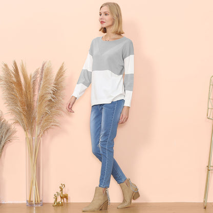 Anna-Kaci Women's Long Sleeve Color Block Pullover Top with Ribbed Crew Neck and Relaxed Fit