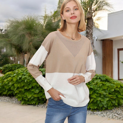 Anna-Kaci Women's Long Sleeve Color Block Pullover Top with Ribbed Crew Neck and Relaxed Fit