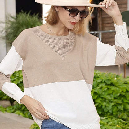 Anna-Kaci Women's Long Sleeve Color Block Pullover Top with Ribbed Crew Neck and Relaxed Fit