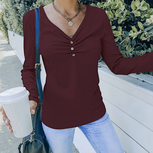 Camisetas de manga larga con cuello en V y color liso