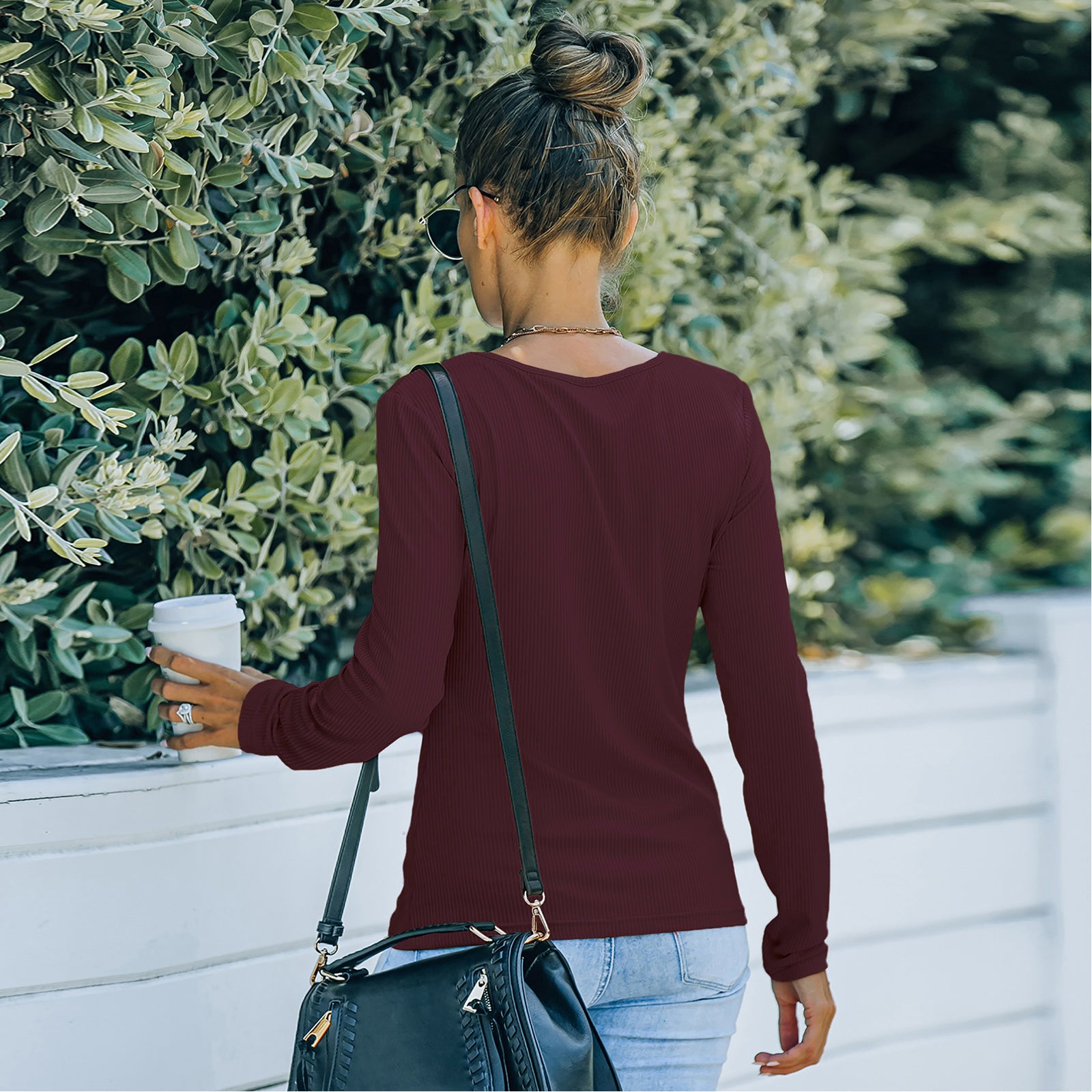 Solid Color Long Sleeve V-Neck T-Shirt Tops
