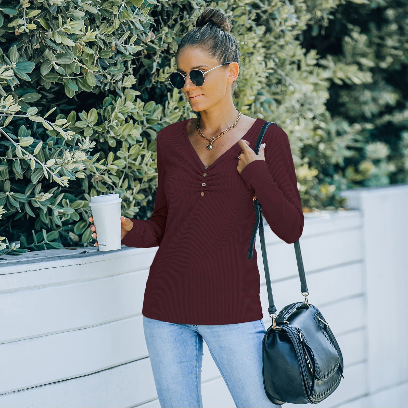 Solid Color Long Sleeve V-Neck T-Shirt Tops