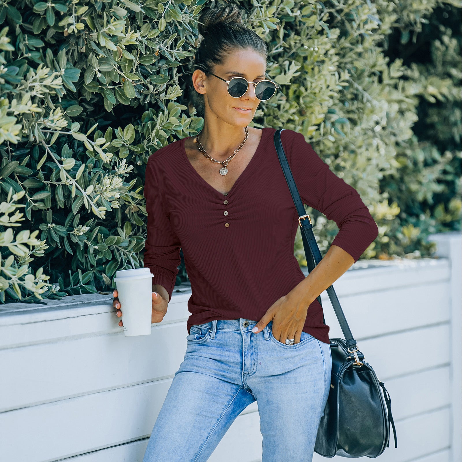 Solid Color Long Sleeve V-Neck T-Shirt Tops