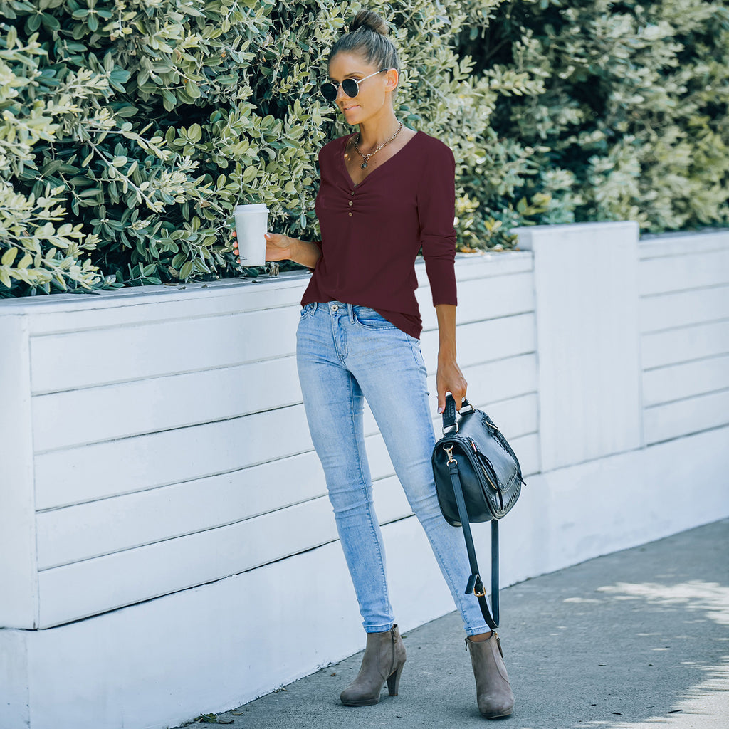 Solid Color Long Sleeve V-Neck T-Shirt Tops