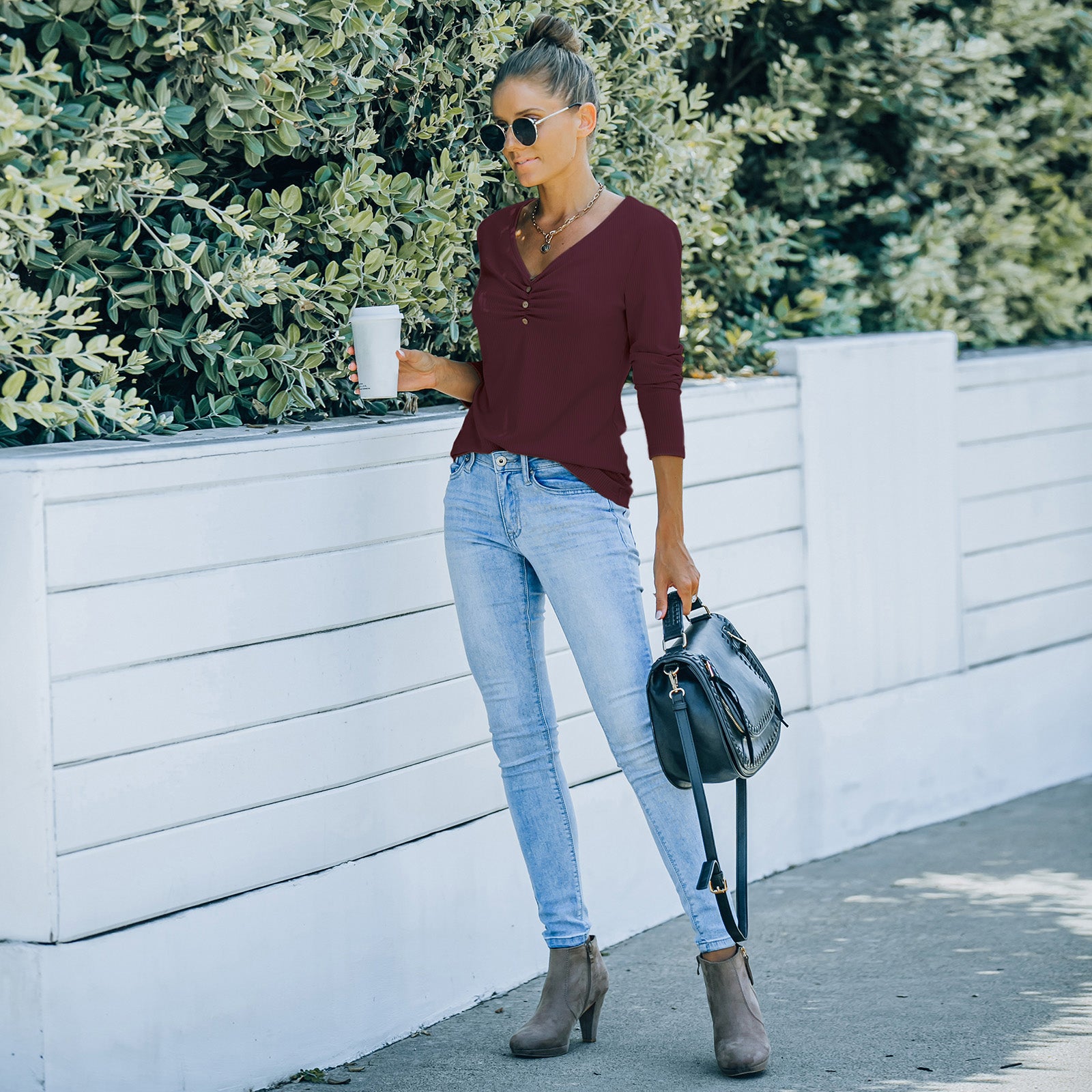 Solid Color Long Sleeve V-Neck T-Shirt Tops