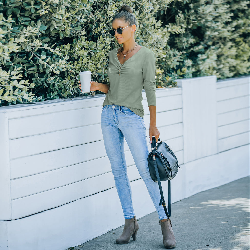Solid Color Long Sleeve V-Neck T-Shirt Tops