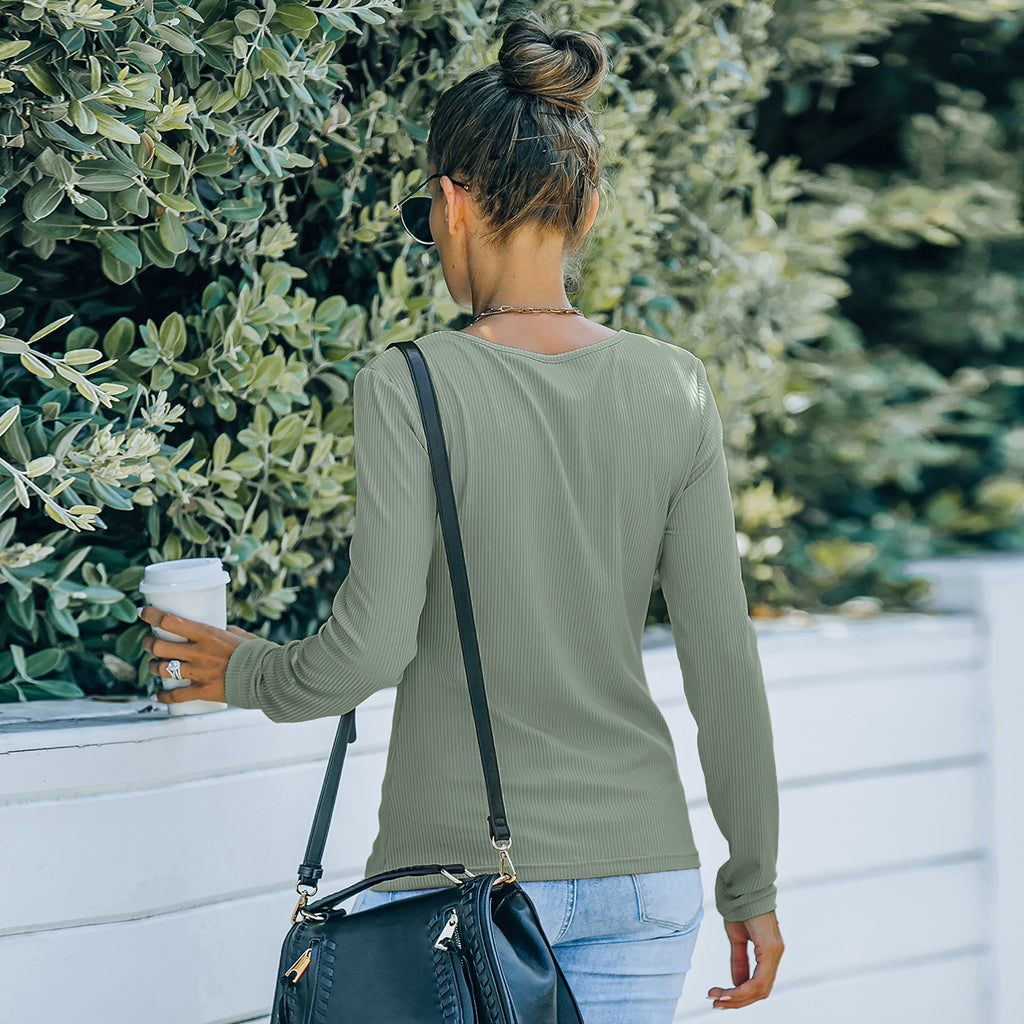 Solid Color Long Sleeve V-Neck T-Shirt Tops