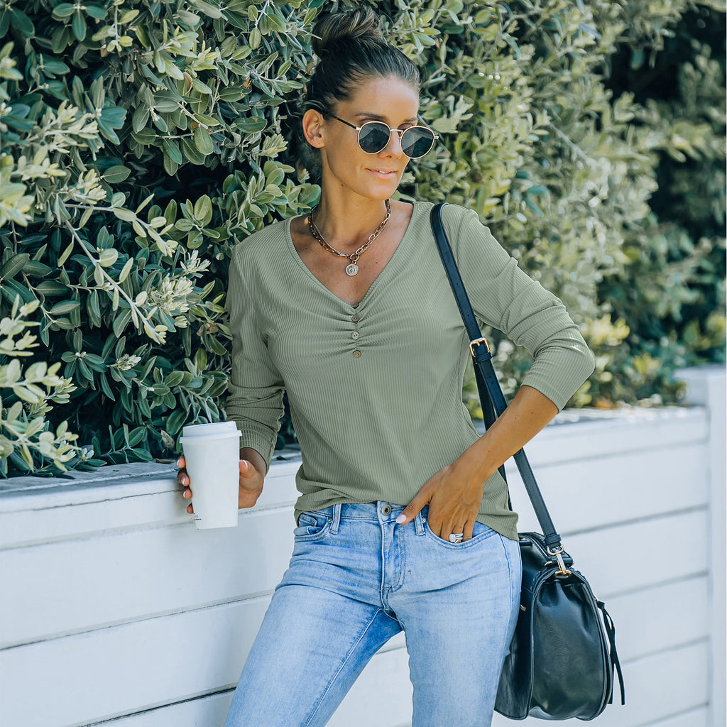 Solid Color Long Sleeve V-Neck T-Shirt Tops