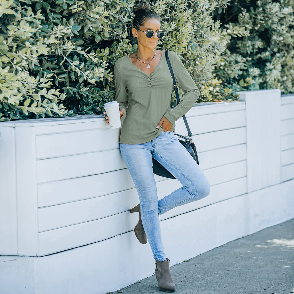 Solid Color Long Sleeve V-Neck T-Shirt Tops