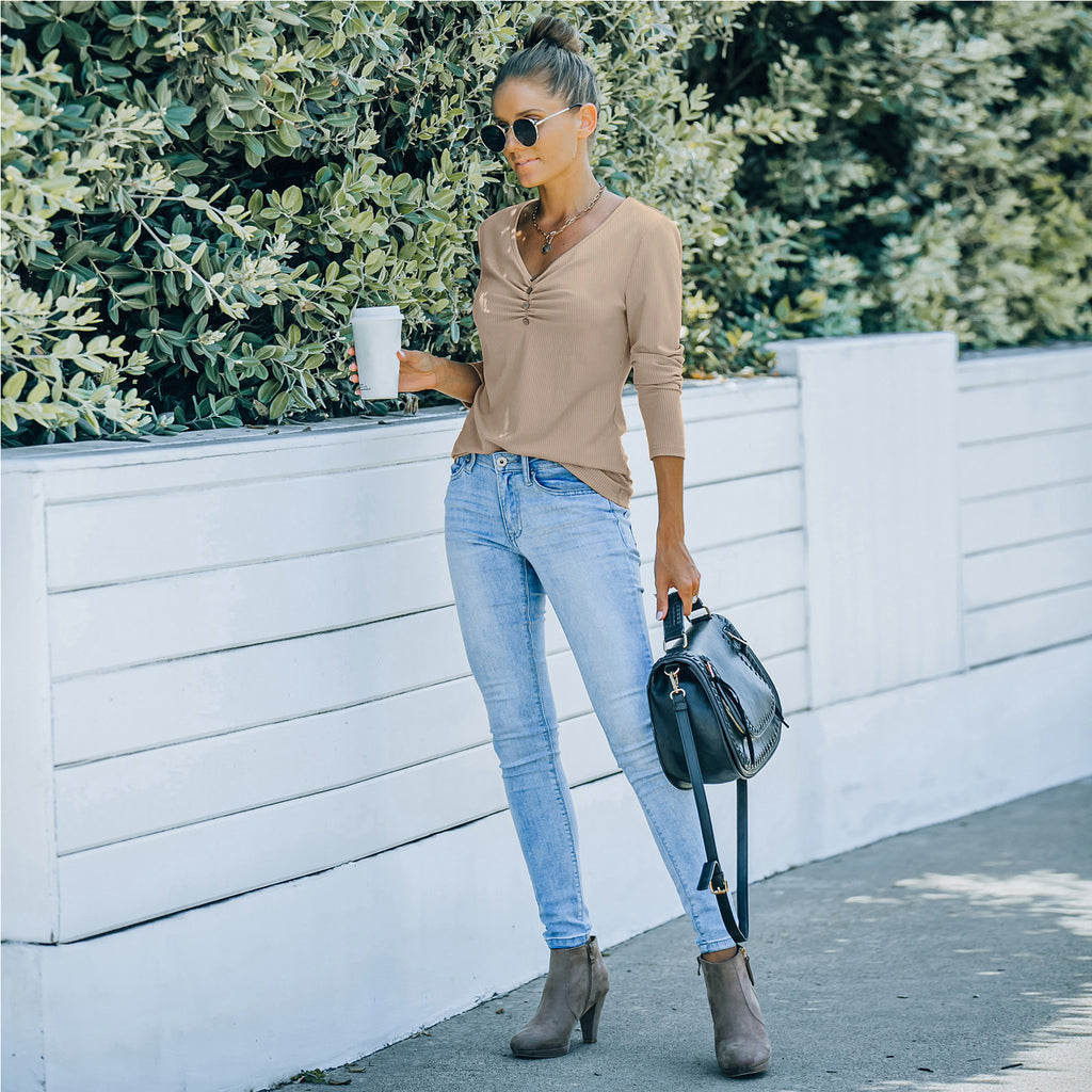 Solid Color Long Sleeve V-Neck T-Shirt Tops