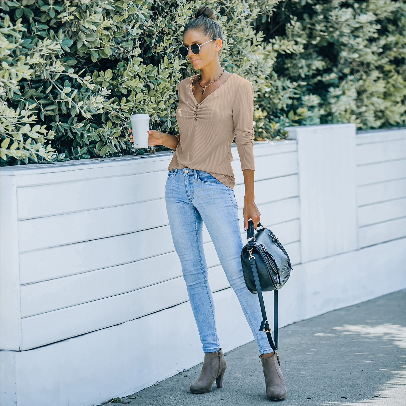 Solid Color Long Sleeve V-Neck T-Shirt Tops