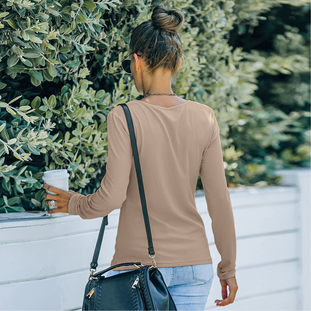 Solid Color Long Sleeve V-Neck T-Shirt Tops