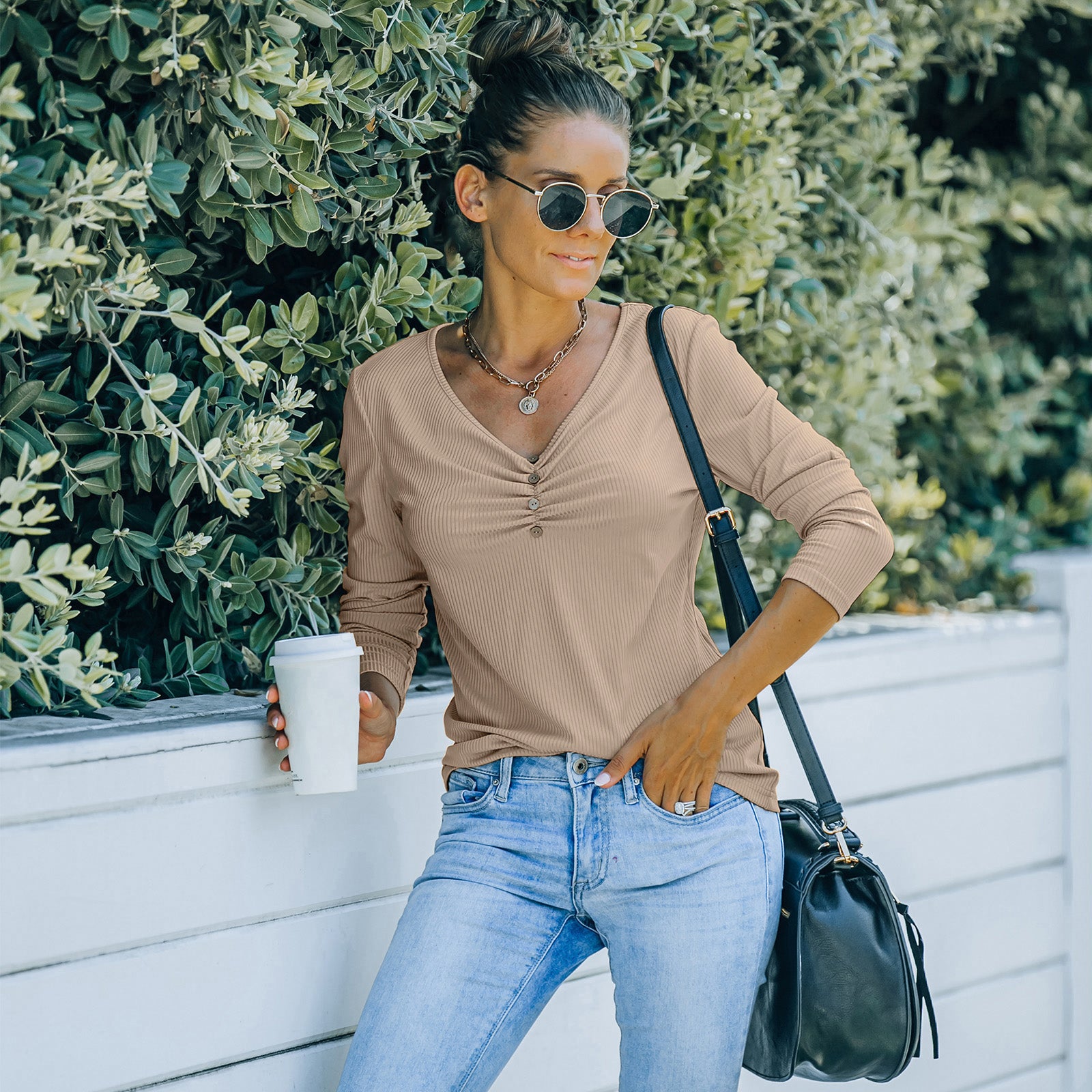 Solid Color Long Sleeve V-Neck T-Shirt Tops