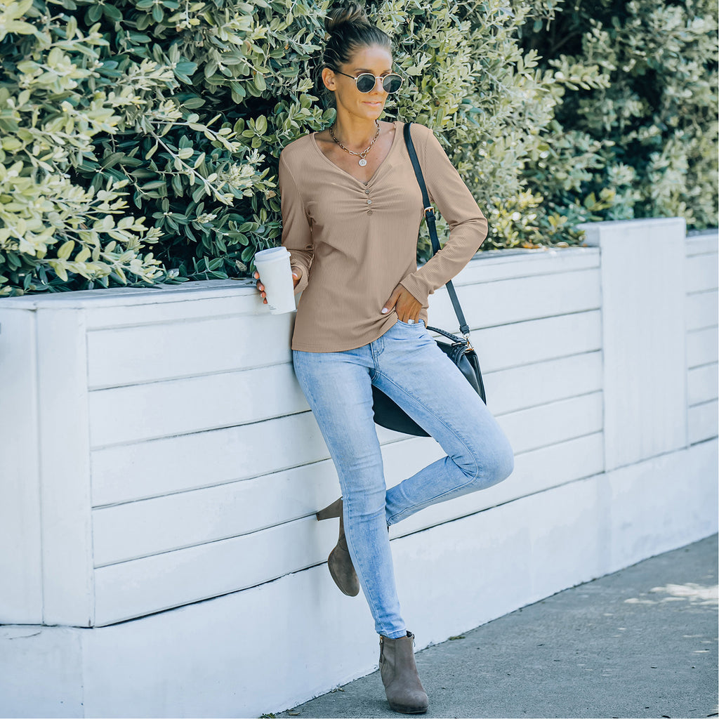 Solid Color Long Sleeve V-Neck T-Shirt Tops