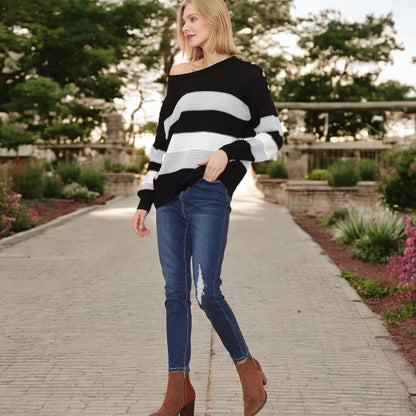 Anna-Kaci Women's Long Sleeve Pullover Knit Sweater with Bold Wide Stripe Pattern and Relaxed Fit