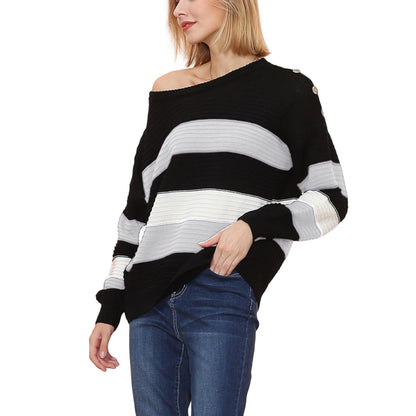 Anna-Kaci Women's Long Sleeve Pullover Knit Sweater with Bold Wide Stripe Pattern and Relaxed Fit