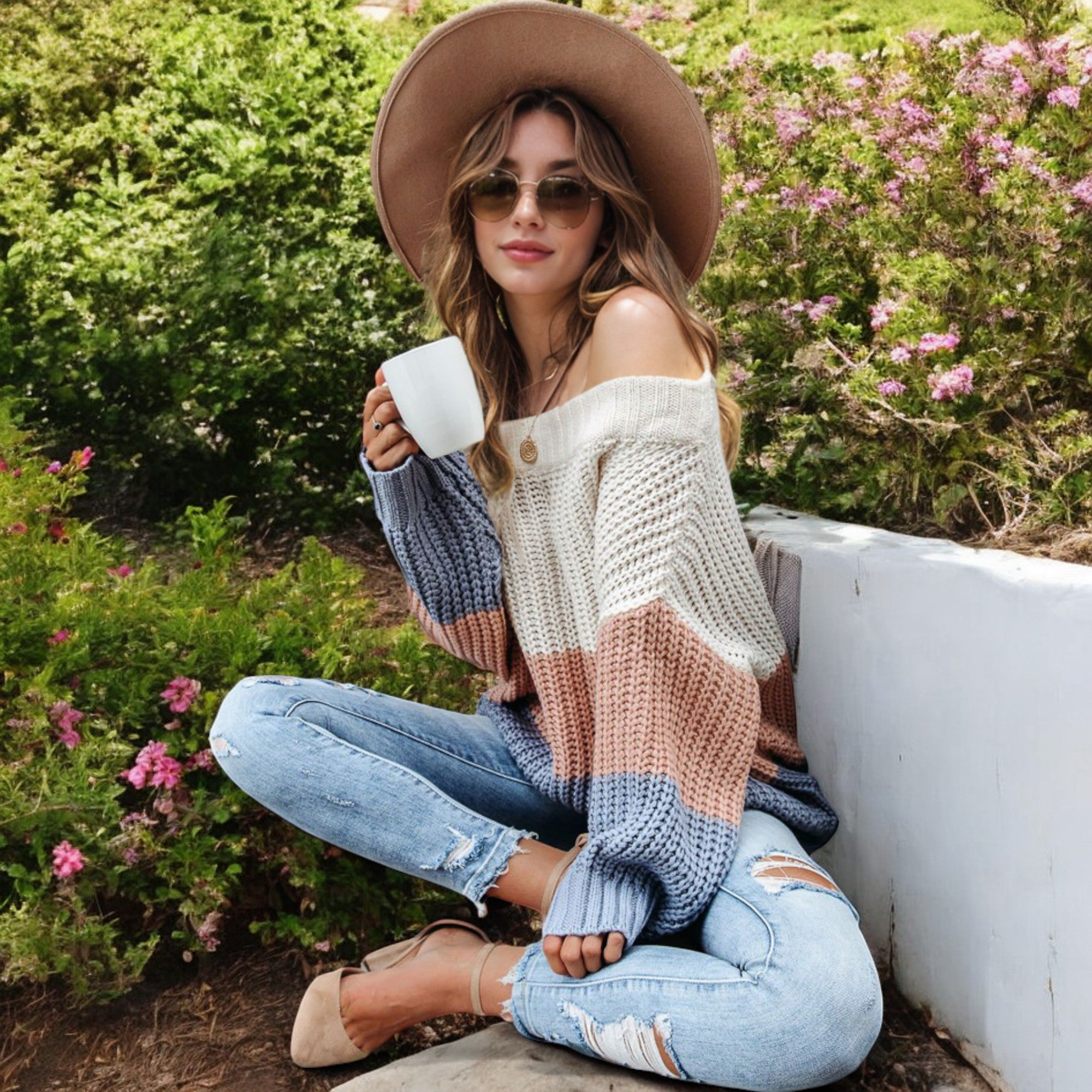 Anna-Kaci Women's Off Shoulder Color Block Knit Sweater with Long Sleeves