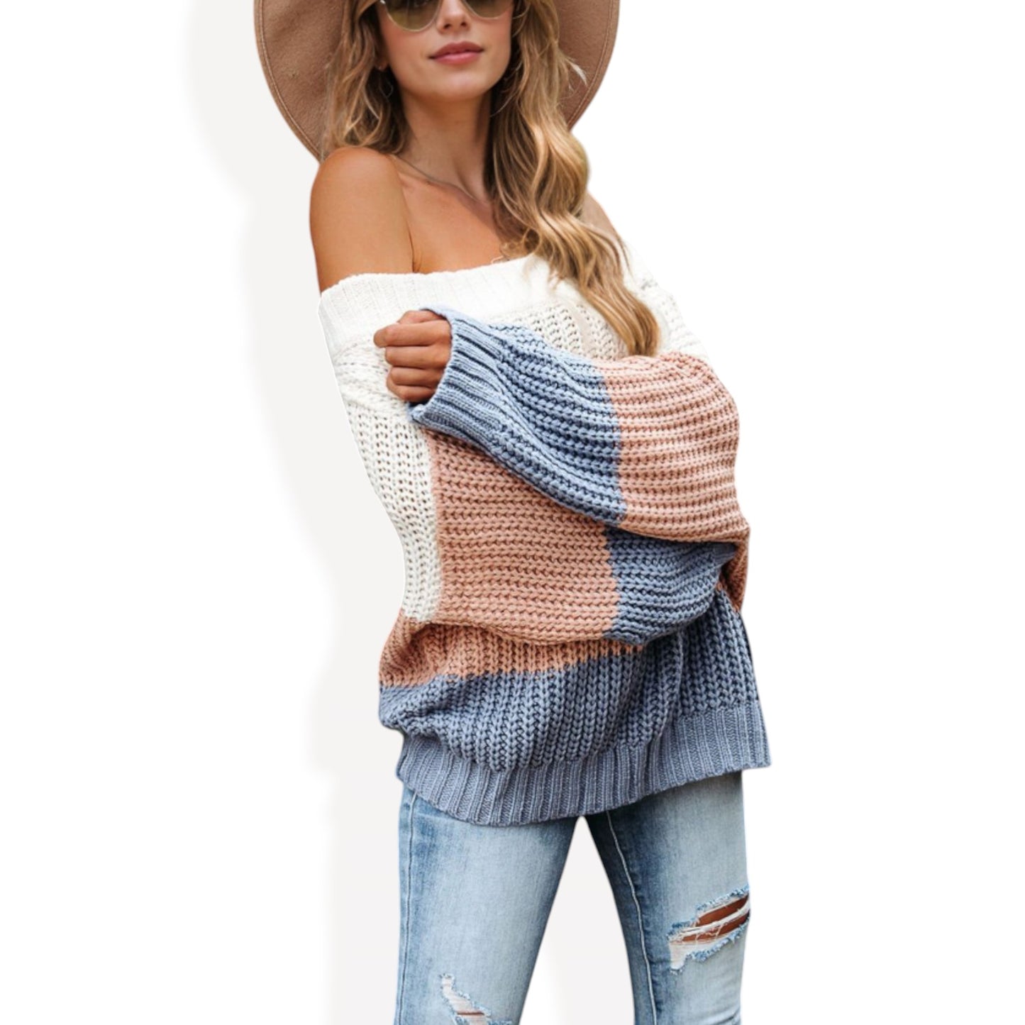 Anna-Kaci Women's Off Shoulder Color Block Knit Sweater with Long Sleeves