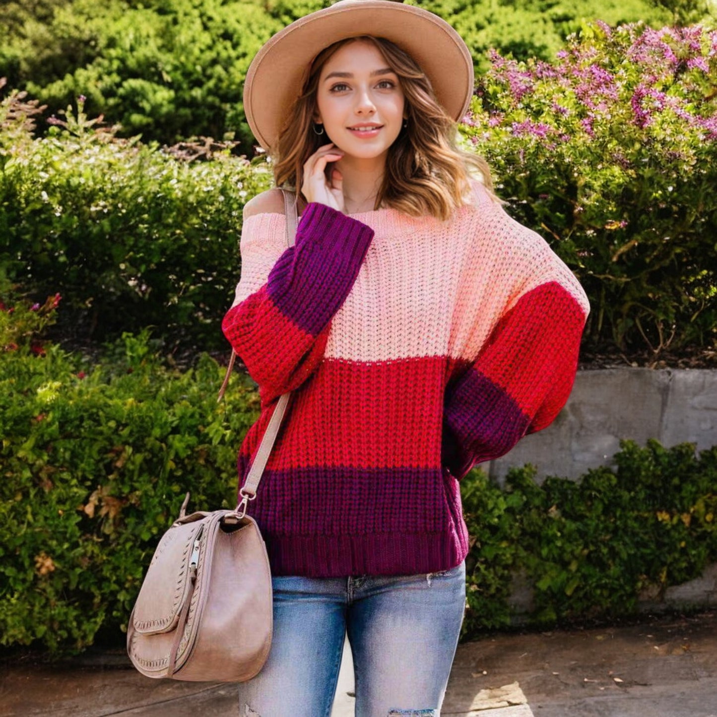 Anna-Kaci Women's Off Shoulder Color Block Knit Sweater with Long Sleeves