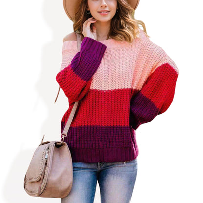 Anna-Kaci Women's Off Shoulder Color Block Knit Sweater with Long Sleeves