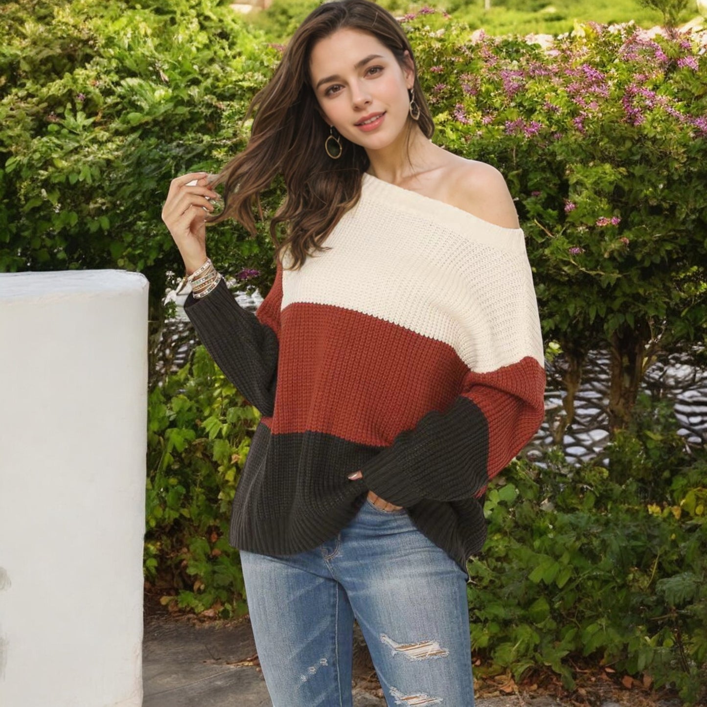 Anna-Kaci Women's Off Shoulder Color Block Knit Sweater with Long Sleeves