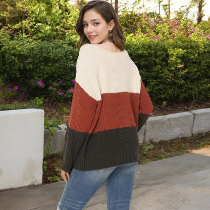 Anna-Kaci Women's Off Shoulder Color Block Knit Sweater with Long Sleeves
