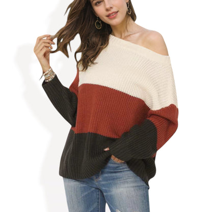 Anna-Kaci Women's Off Shoulder Color Block Knit Sweater with Long Sleeves