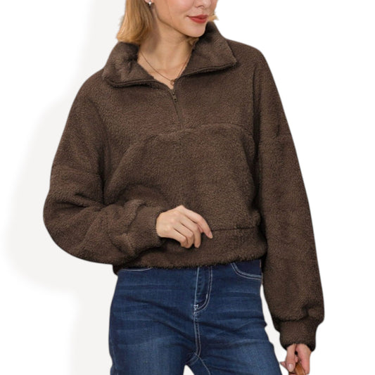Anna-Kaci Women's High Pile Fleece Pullover with Half Zip Front and Long Sleeves
