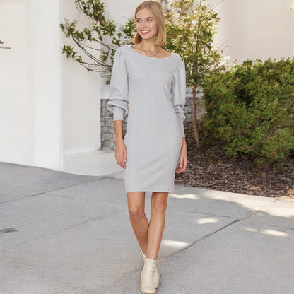 Anna-Kaci Women's Fitted Knit Mini Dress with Boat Neckline and Puff Long Sleeves