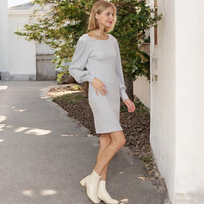 Anna-Kaci Women's Fitted Knit Mini Dress with Boat Neckline and Puff Long Sleeves