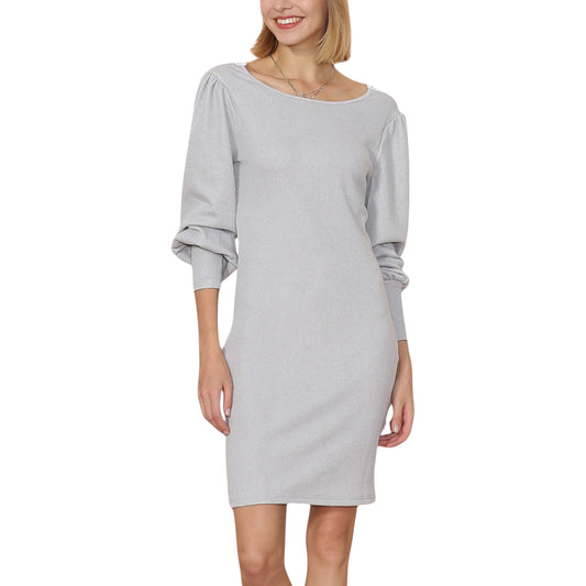Anna-Kaci Women's Fitted Knit Mini Dress with Boat Neckline and Puff Long Sleeves