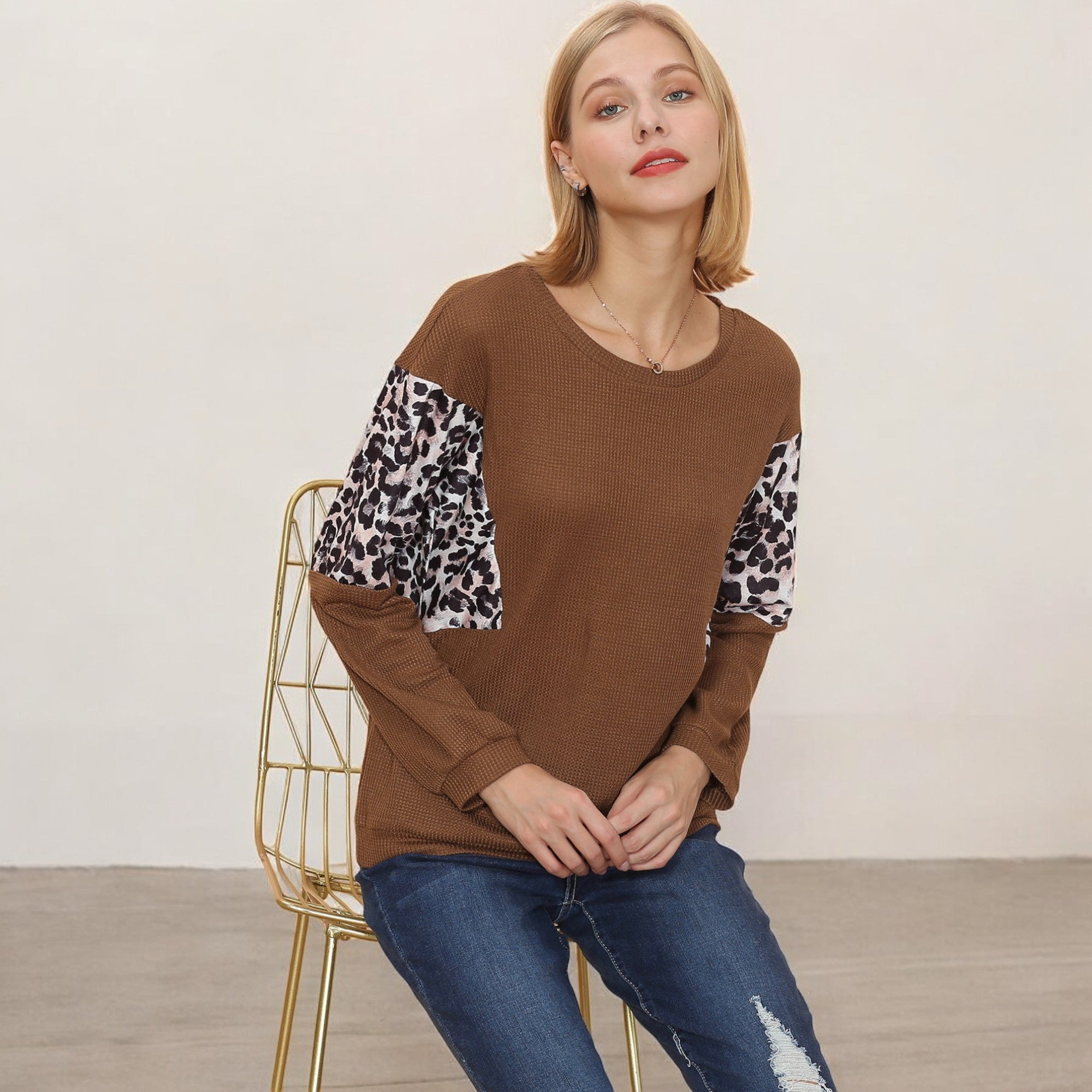 Anna-Kaci Women's Long Sleeve Sweatshirt with Leopard Print Sleeve Panels