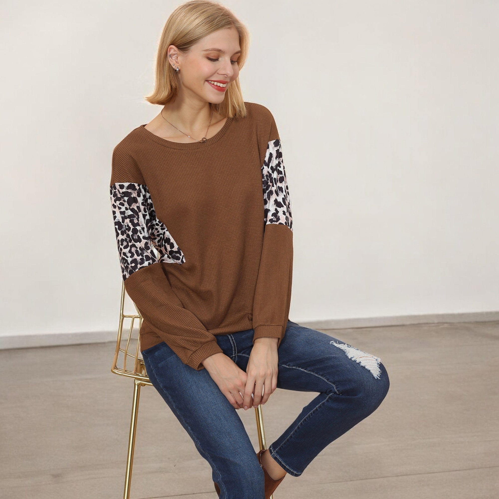 Anna-Kaci Women's Long Sleeve Sweatshirt with Leopard Print Sleeve Panels