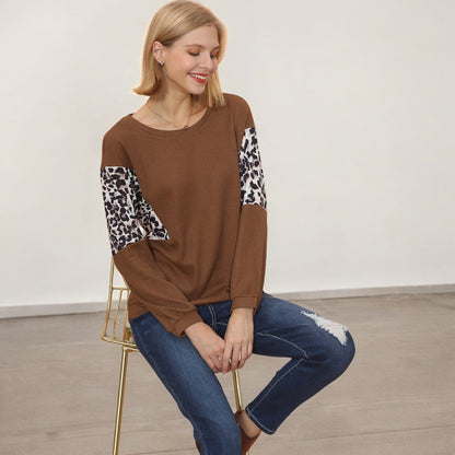 Anna-Kaci Women's Long Sleeve Sweatshirt with Leopard Print Sleeve Panels