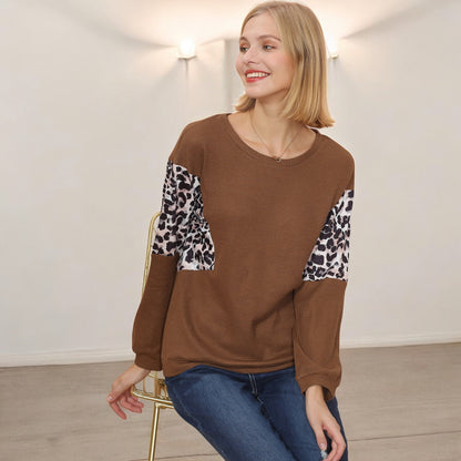 Anna-Kaci Women's Long Sleeve Sweatshirt with Leopard Print Sleeve Panels