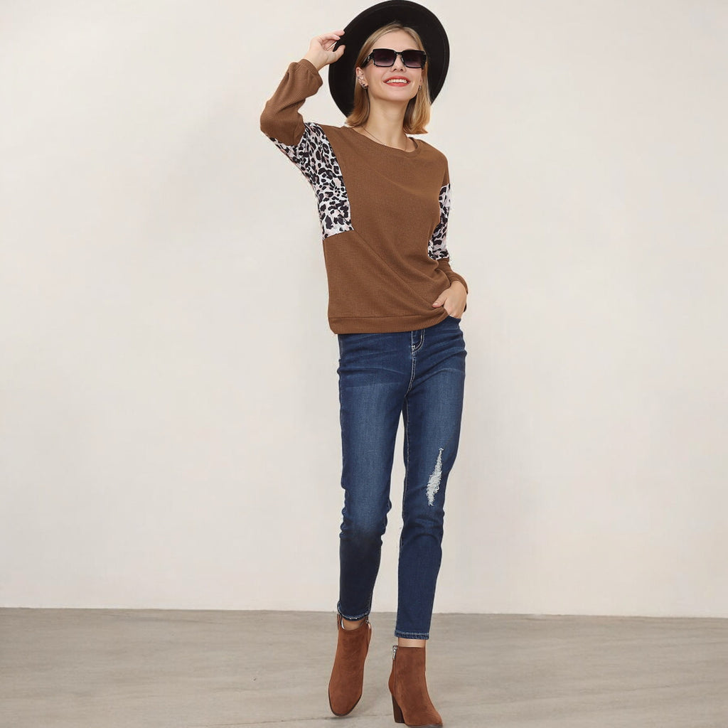 Anna-Kaci Women's Long Sleeve Sweatshirt with Leopard Print Sleeve Panels