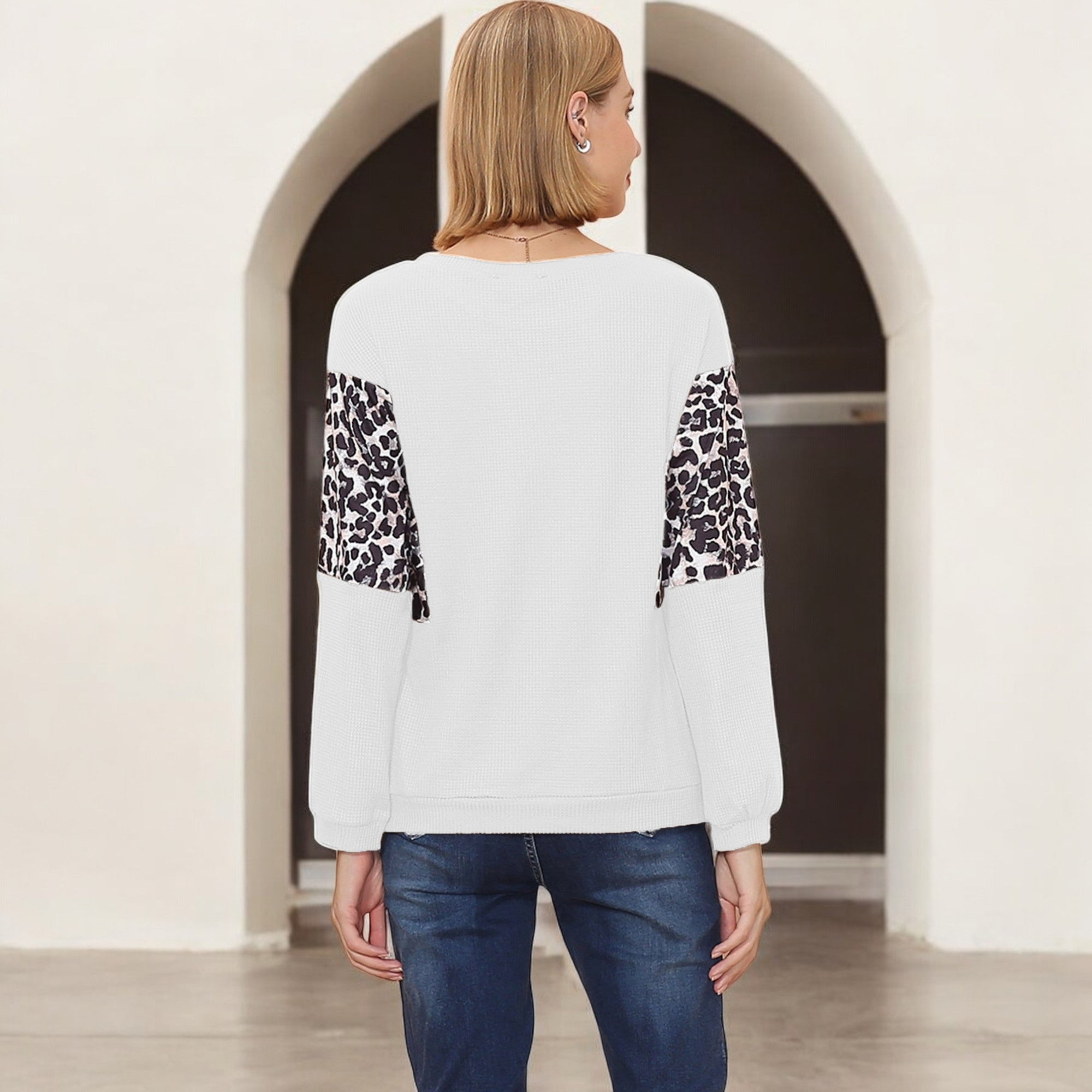 Anna-Kaci Women's Long Sleeve Sweatshirt with Leopard Print Sleeve Panels