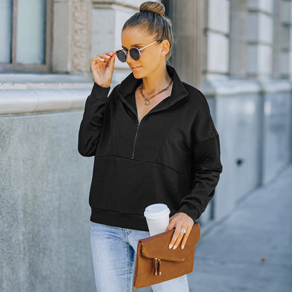 Solid Color Zipper Patchwork Sweatshirt Top