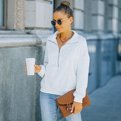Solid Color Zipper Patchwork Sweatshirt Top