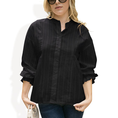 Anna-Kaci Women's Long Sleeve Button Down Blouse with Band Collar and Subtle Textured Stripe Design