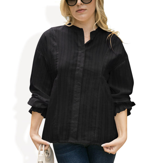 Anna-Kaci Women's Long Sleeve Button Down Blouse with Band Collar and Subtle Textured Stripe Design