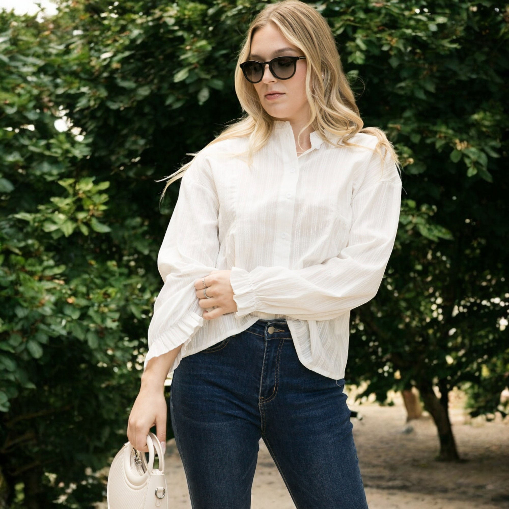 Anna-Kaci Women's Long Sleeve Button Down Blouse with Band Collar and Subtle Textured Stripe Design