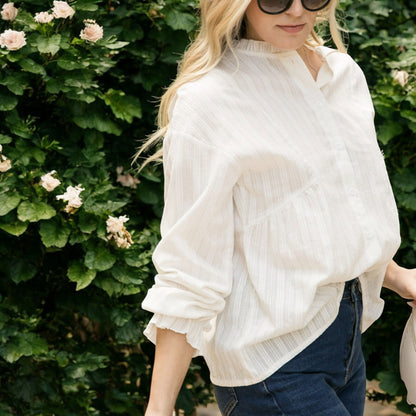 Anna-Kaci Women's Long Sleeve Button Down Blouse with Band Collar and Subtle Textured Stripe Design