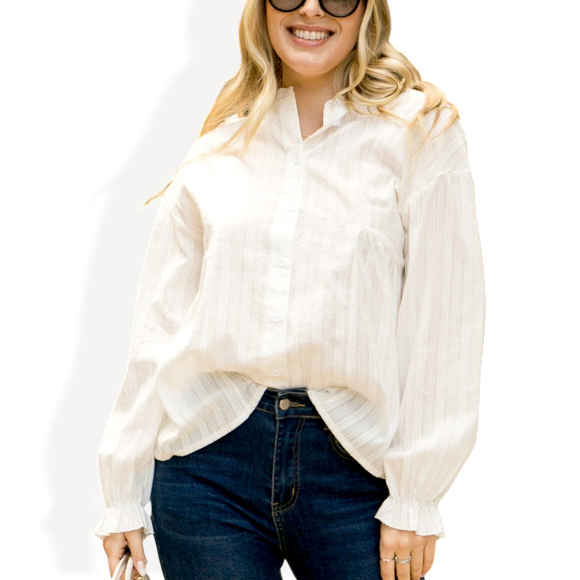 Anna-Kaci Women's Long Sleeve Button Down Blouse with Band Collar and Subtle Textured Stripe Design